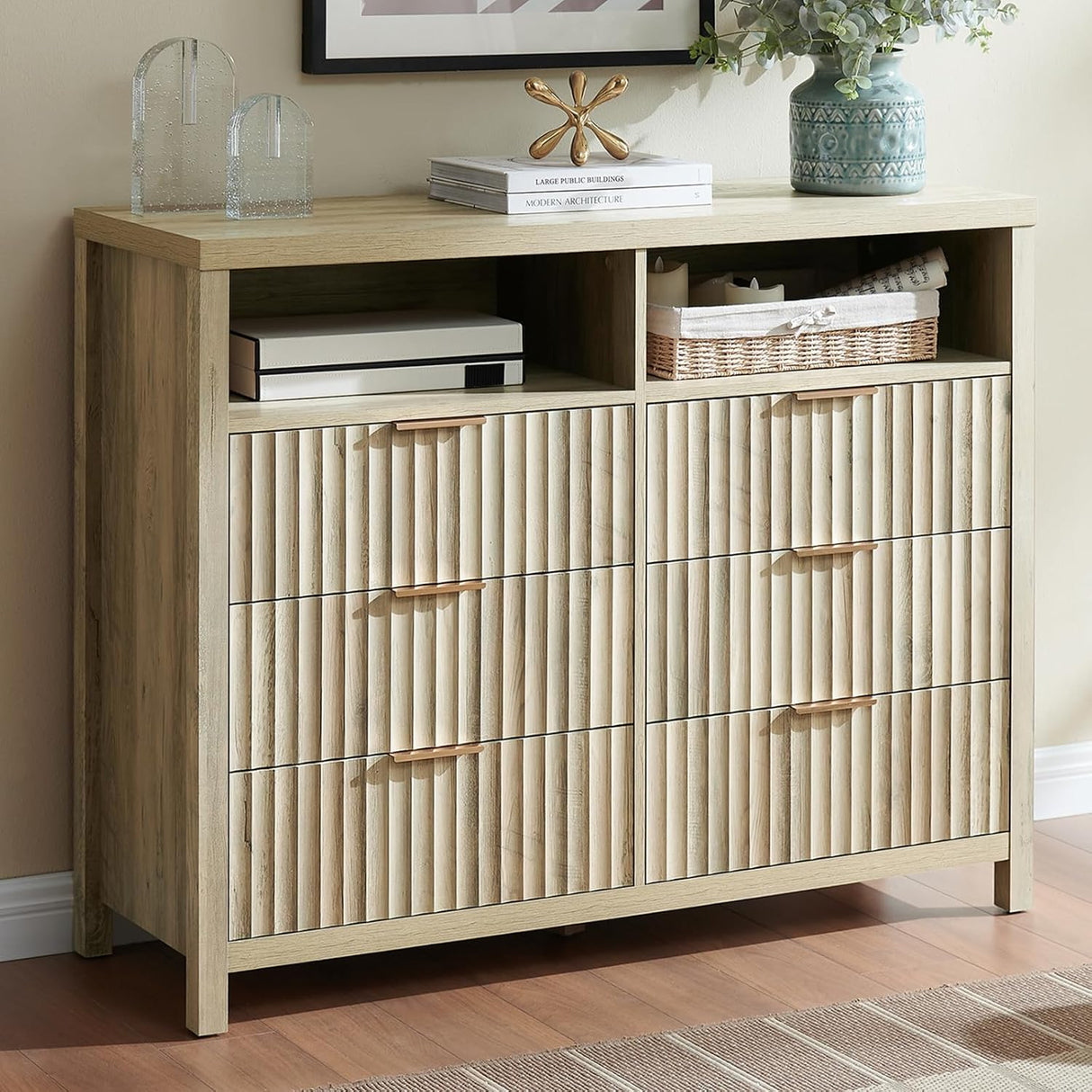 Wooden Fluted Wide Modern Chest of 6 Drawers