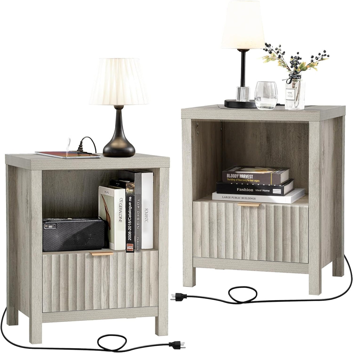 Fluted Nightstand with Charging Station with Drawer Storage