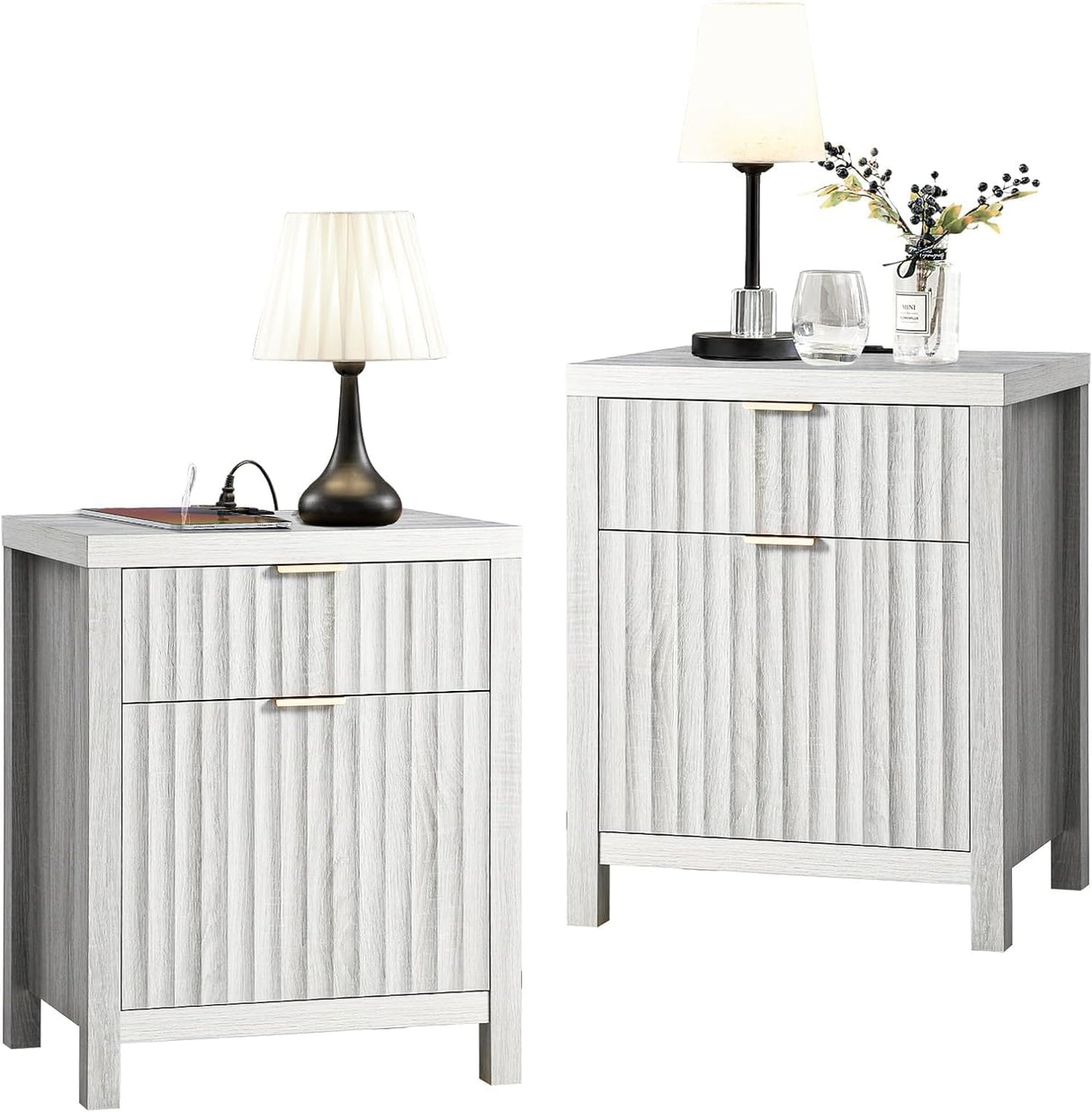 Oxford 2 Drawer Nightstand with Charging Station, Fluted Panel