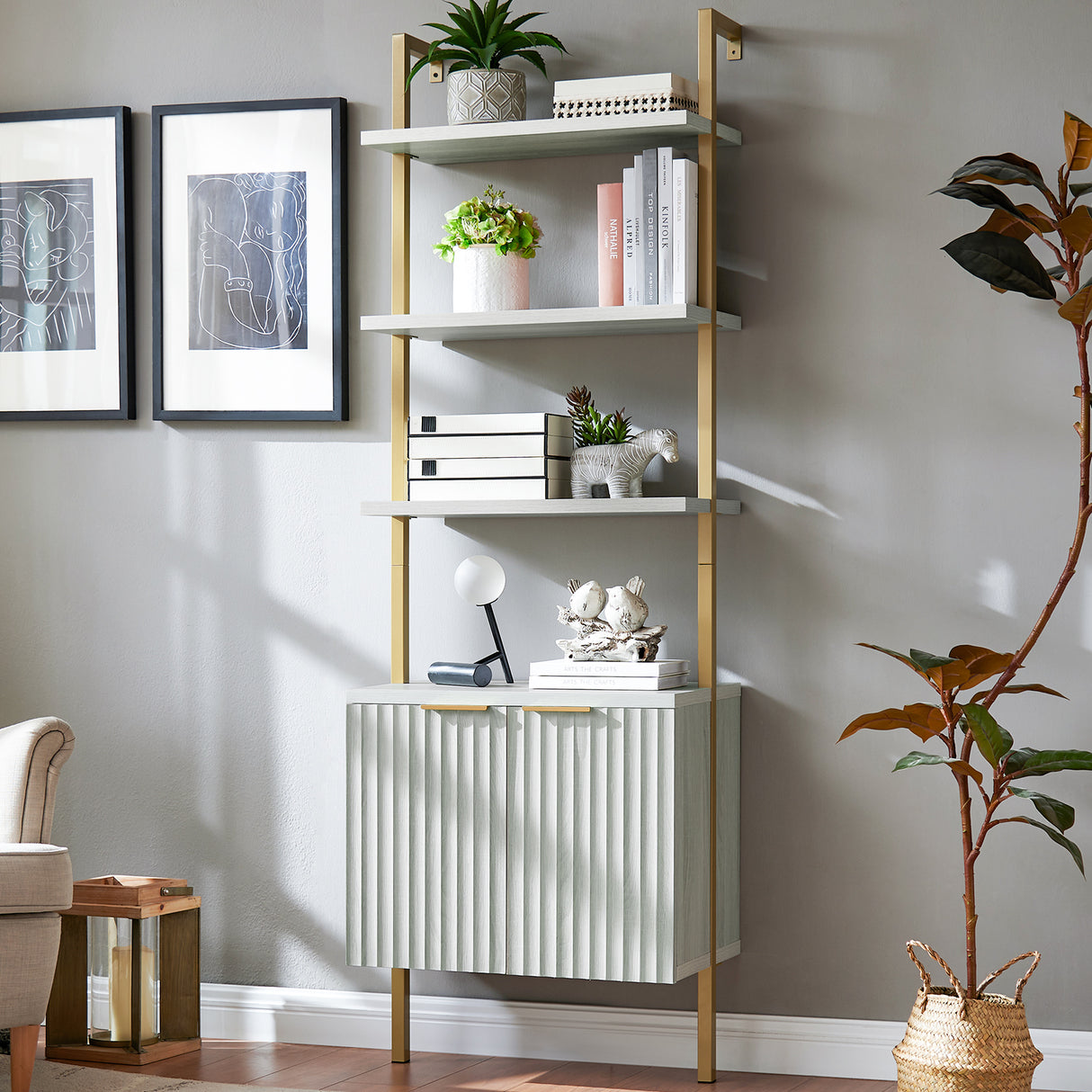 Wooden Fluted Ladder 5 Tier Open Tall Bookshelf