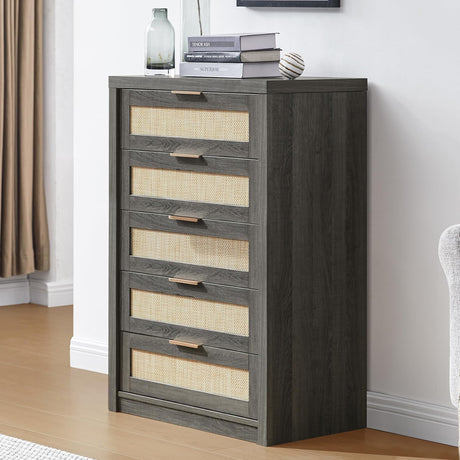 Rattan 5 Drawer Dresser Storage Cane Cabinet