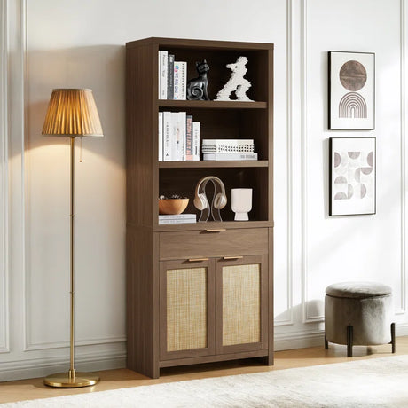 Rattan Double Doors Wooden 5-Tier Tall Bookcase Cabinet