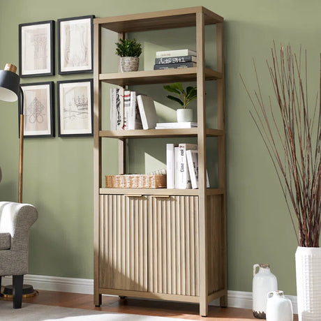 Wooden Fluted 5-Tier Large Tall Book Shelf with Doors Cabinet