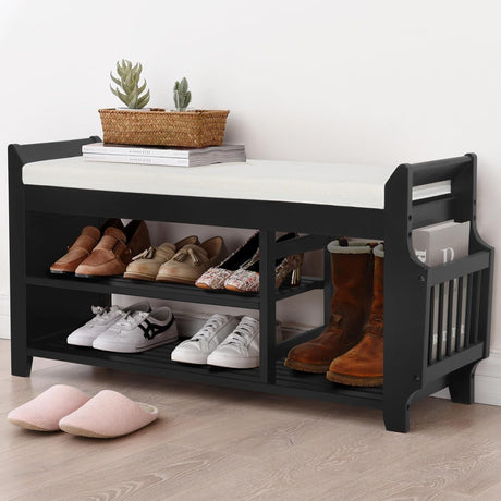 Bamboo Shoe Bench, Shoe Storage Bench with Hidden Drawer and Side Holder