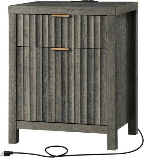 Wooden Fluted 2-Drawer Nightstand with Charging Station