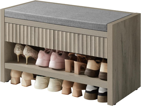 Wooden Fluted Shoe Storage Bench with 2 Drawers