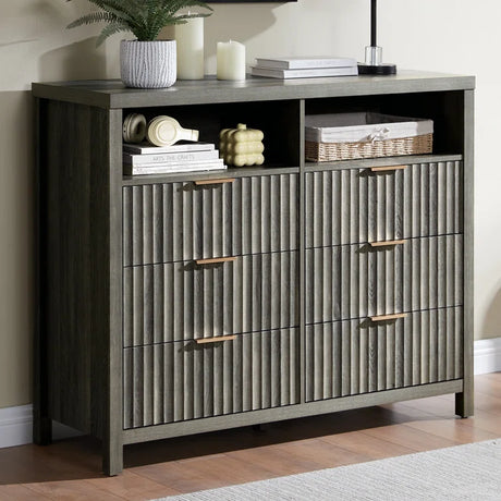 Wooden Fluted Wide Modern Chest of 6 Drawers