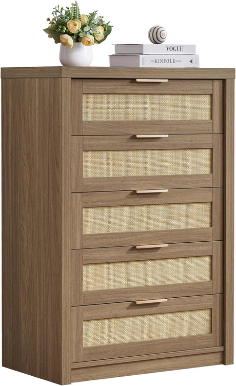 Rattan 5 Drawer Dresser Storage Cane Cabinet