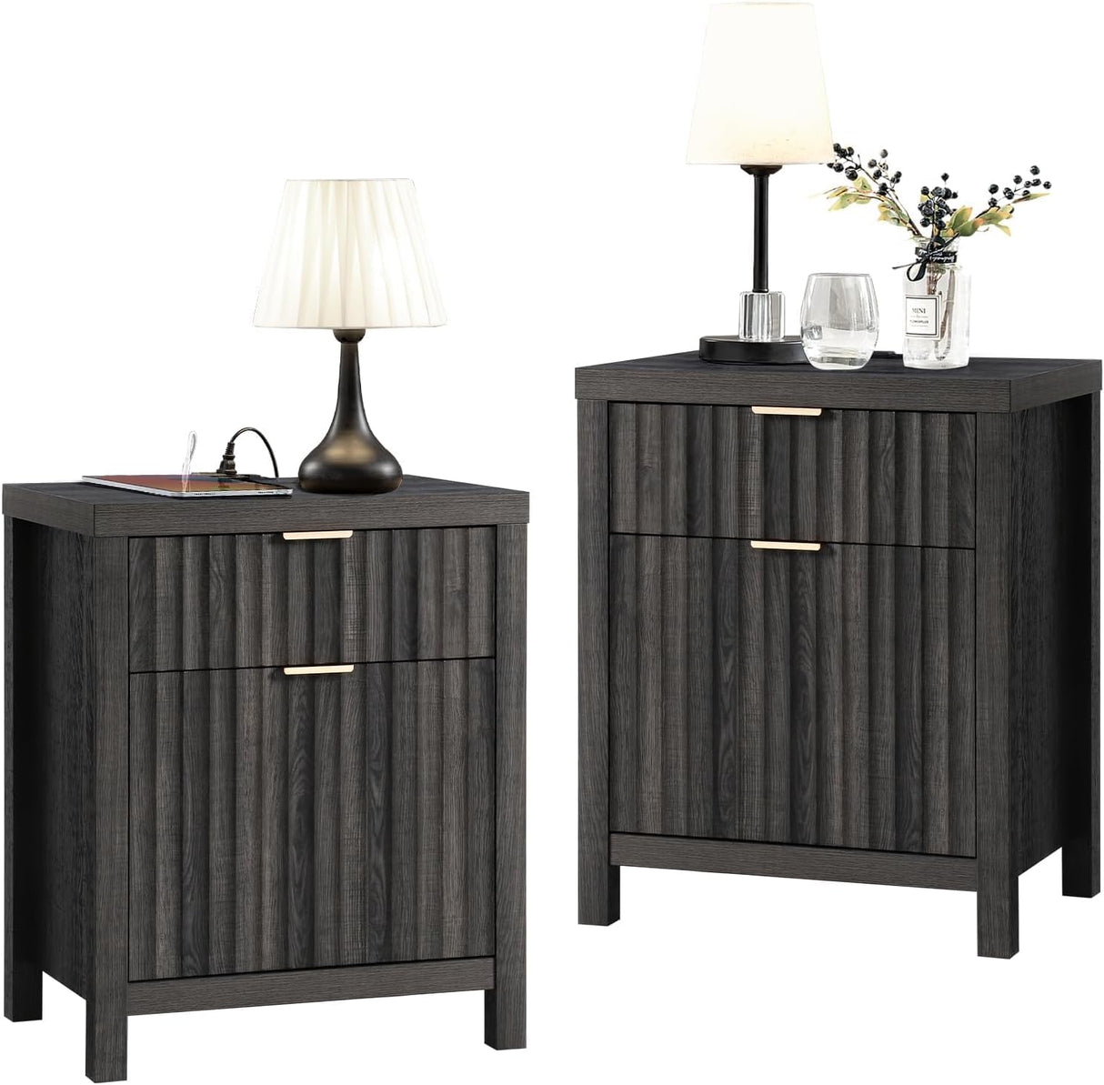 Oxford 2 Drawer Nightstand with Charging Station, Fluted Panel