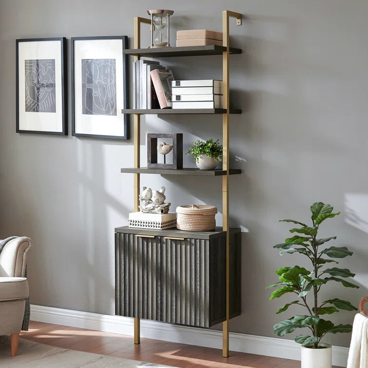 Wooden Fluted Ladder 5 Tier Open Tall Bookshelf