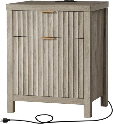 Wooden Fluted 2-Drawer Nightstand with Charging Station