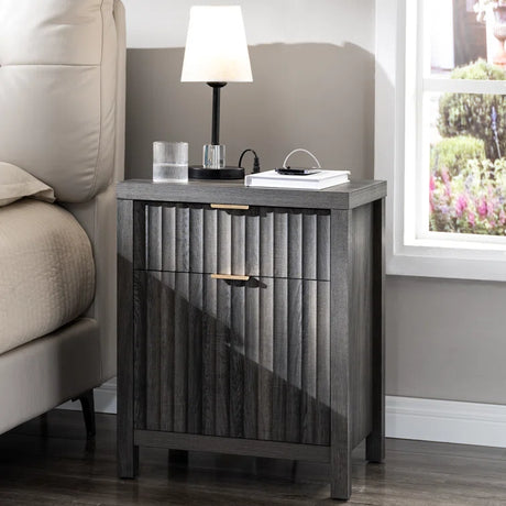 Wooden Fluted 2-Drawer Nightstand with Charging Station