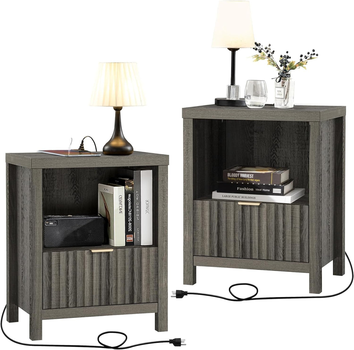 Fluted Nightstand with Charging Station with Drawer Storage