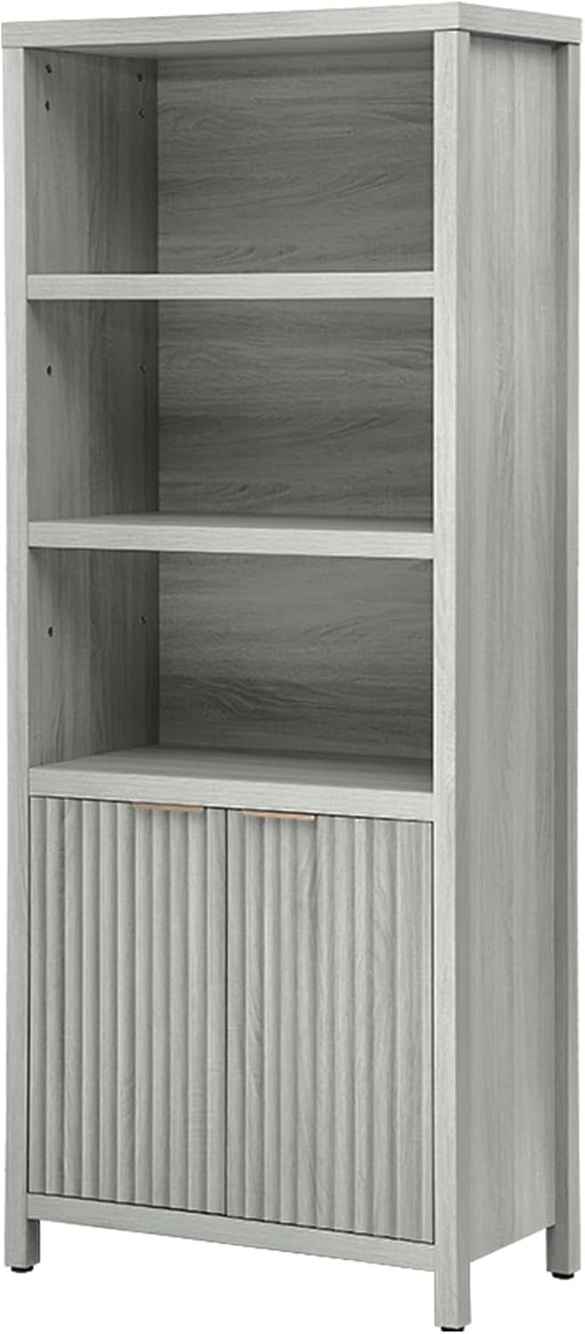 Bookcase, Tall Bookshelf with Doors Cabinet 15.4in Depth, 5 Tier Book Shelf, Wood Oak 1.4" MDF Bookcases with Storage Floor Standing, Farmhouse Bookshelves (Grey Oak)