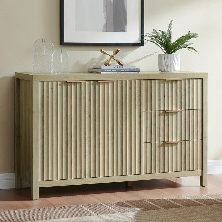 Wooden Fluted Storage Cabinet with Double Doors and 3 Drawers