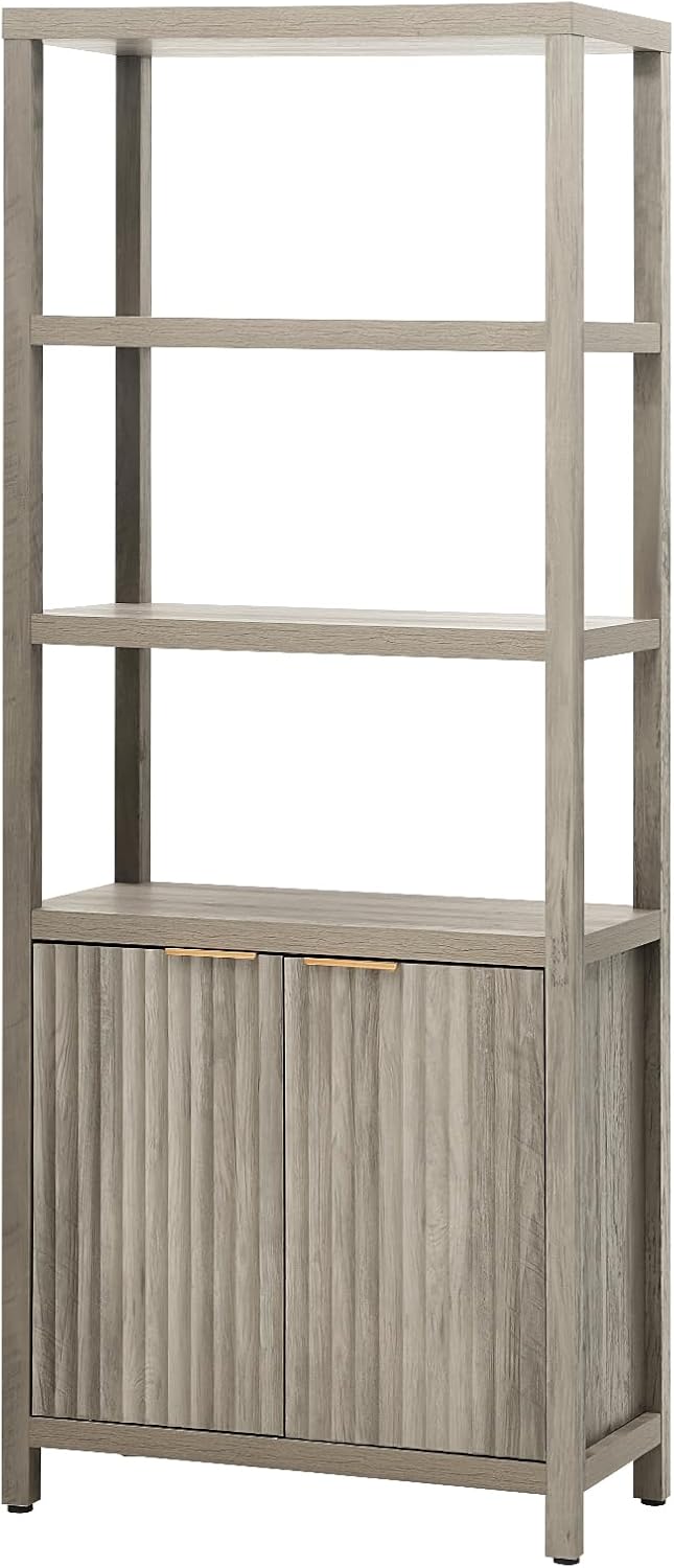 Wooden Fluted 5-Tier Large Tall Book Shelf with Doors Cabinet