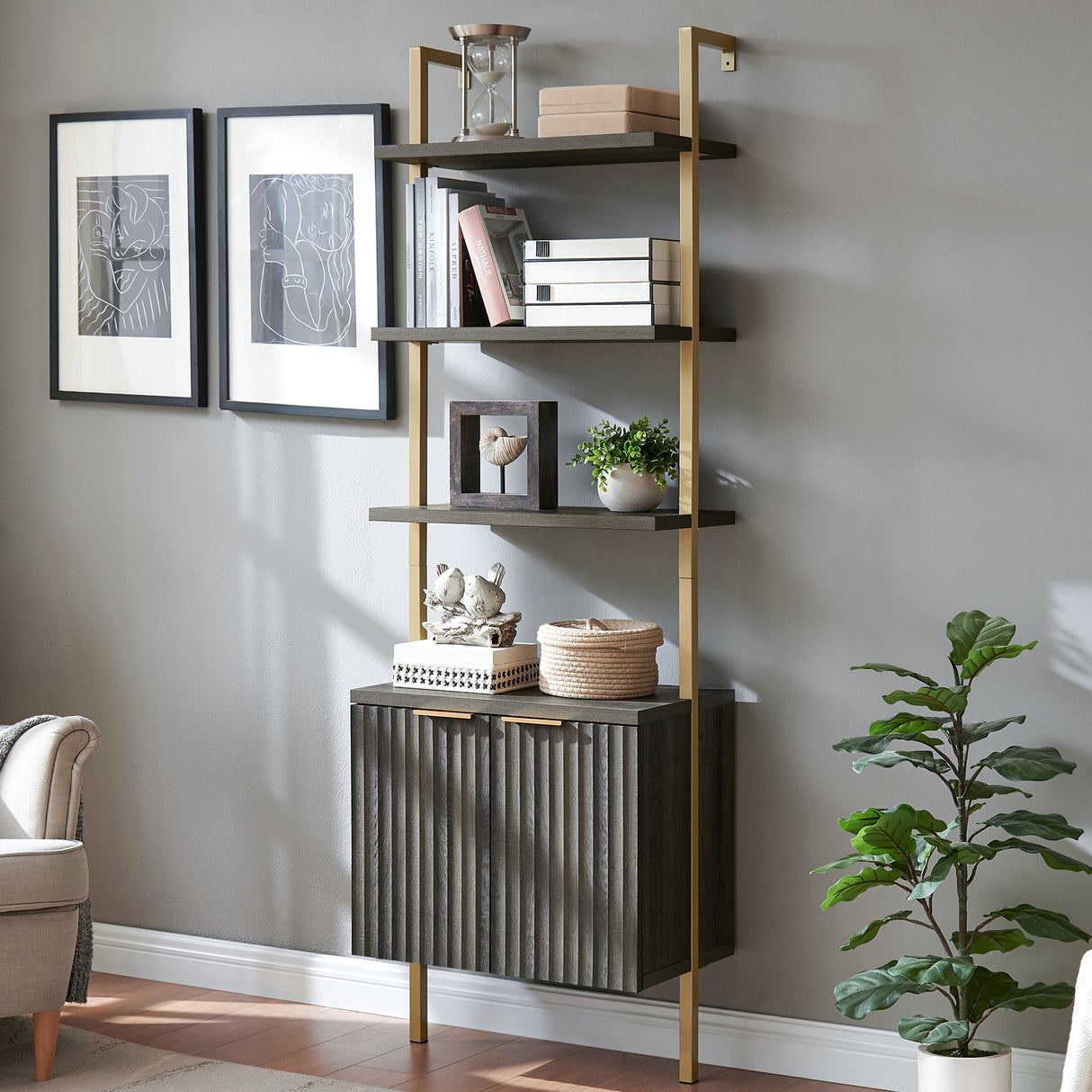 Wooden Fluted Ladder 5 Tier Open Tall Bookshelf