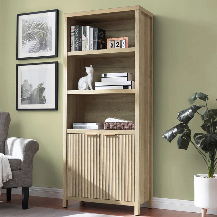 Wooden Fluted 5-Tier Tall Bookcase Cabinet with Doors