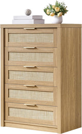 Rattan 5 Drawer Dresser Storage Cane Cabinet