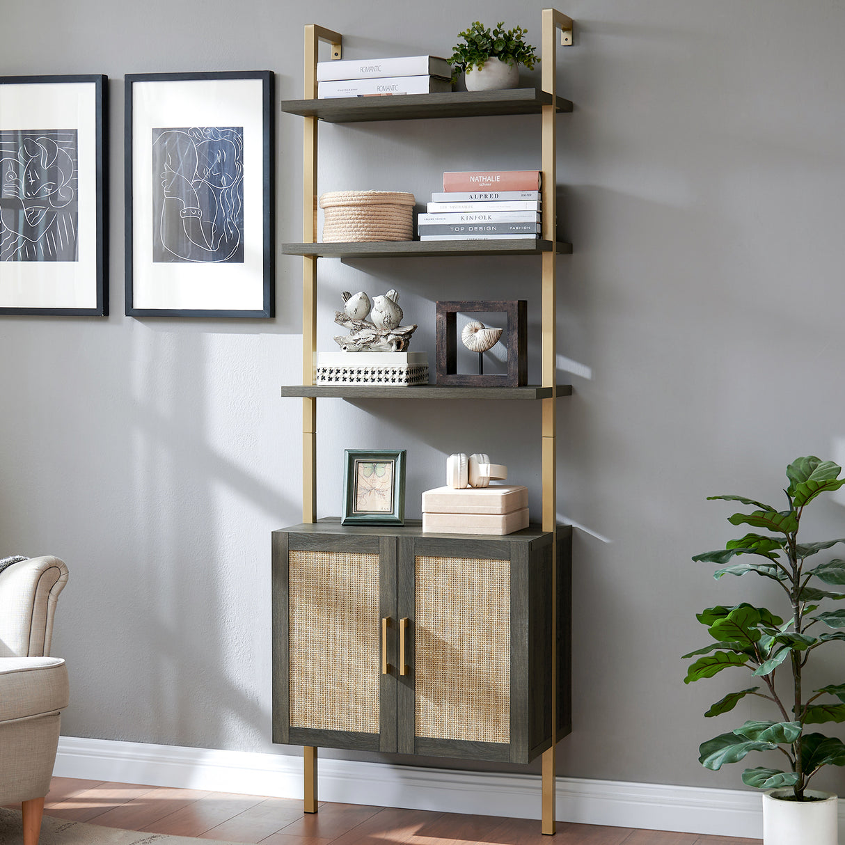 Rattan Ladder 5 Tier Open Tall Bookshelf