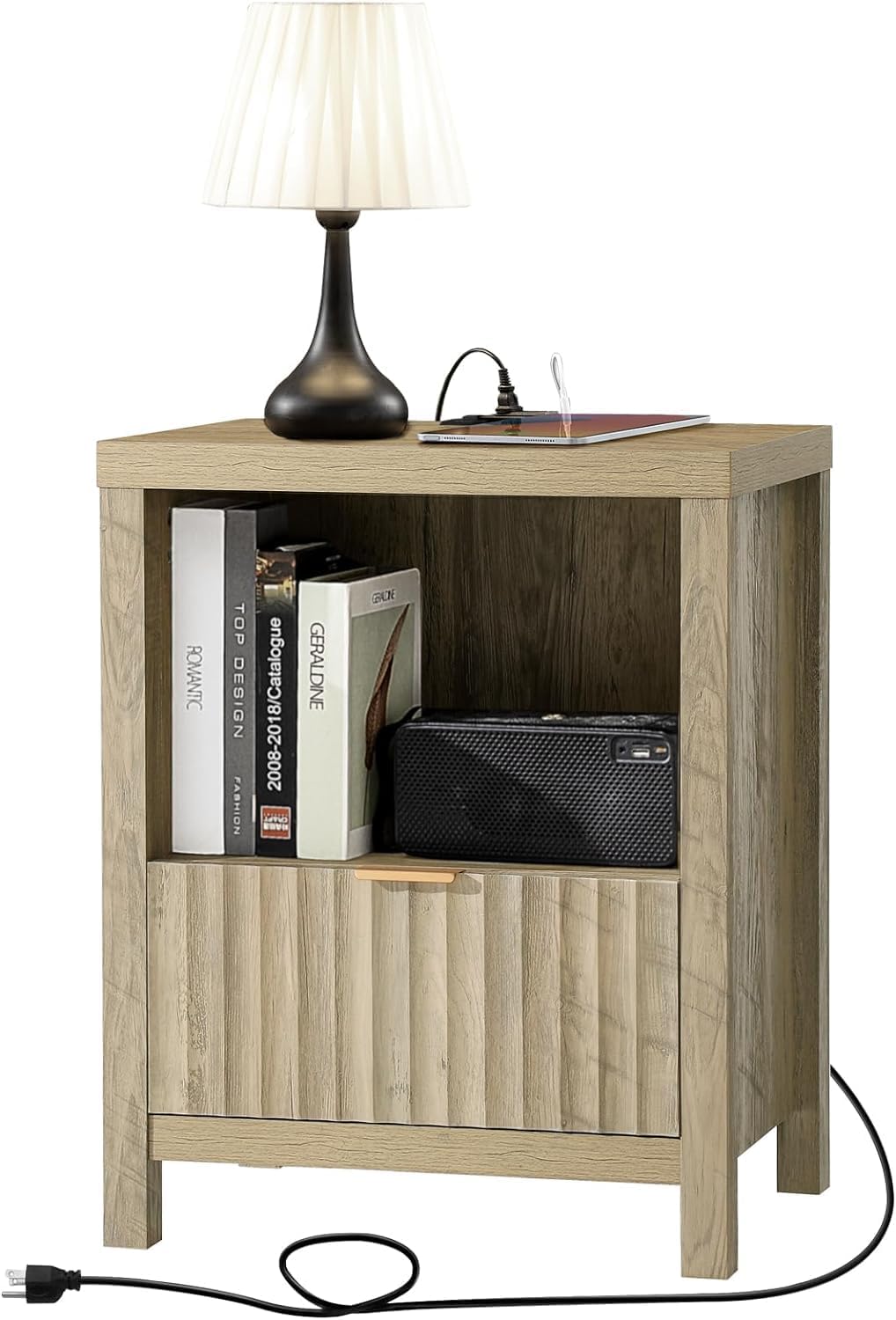 Wooden Fluted Single-Drawer Nightstand with Charging Station