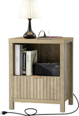 Wooden Fluted Single-Drawer Nightstand with Charging Station