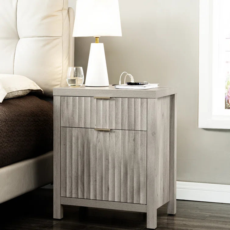 Wooden Fluted 2-Drawer Nightstand with Charging Station