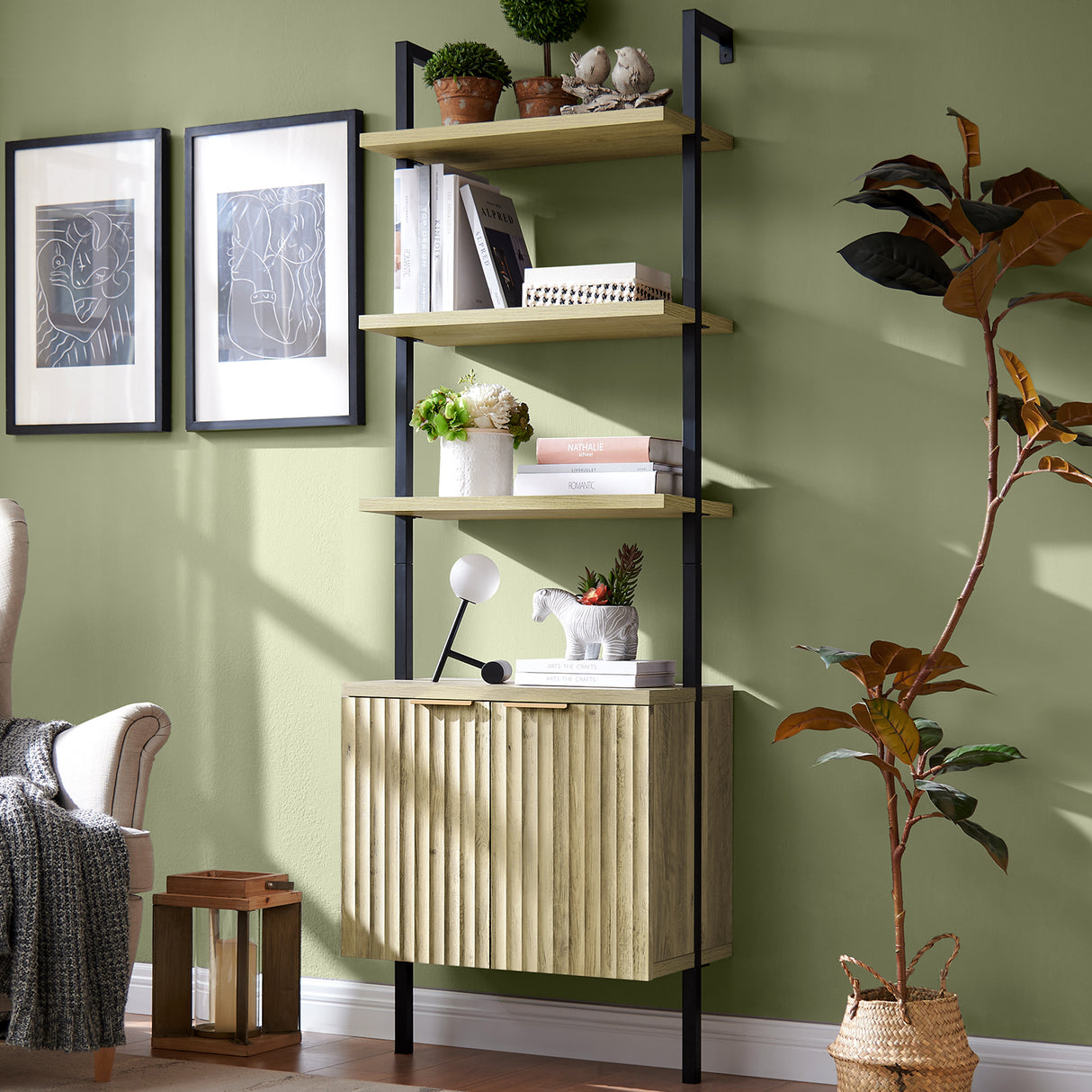 Wooden Fluted Ladder 5 Tier Open Tall Bookshelf