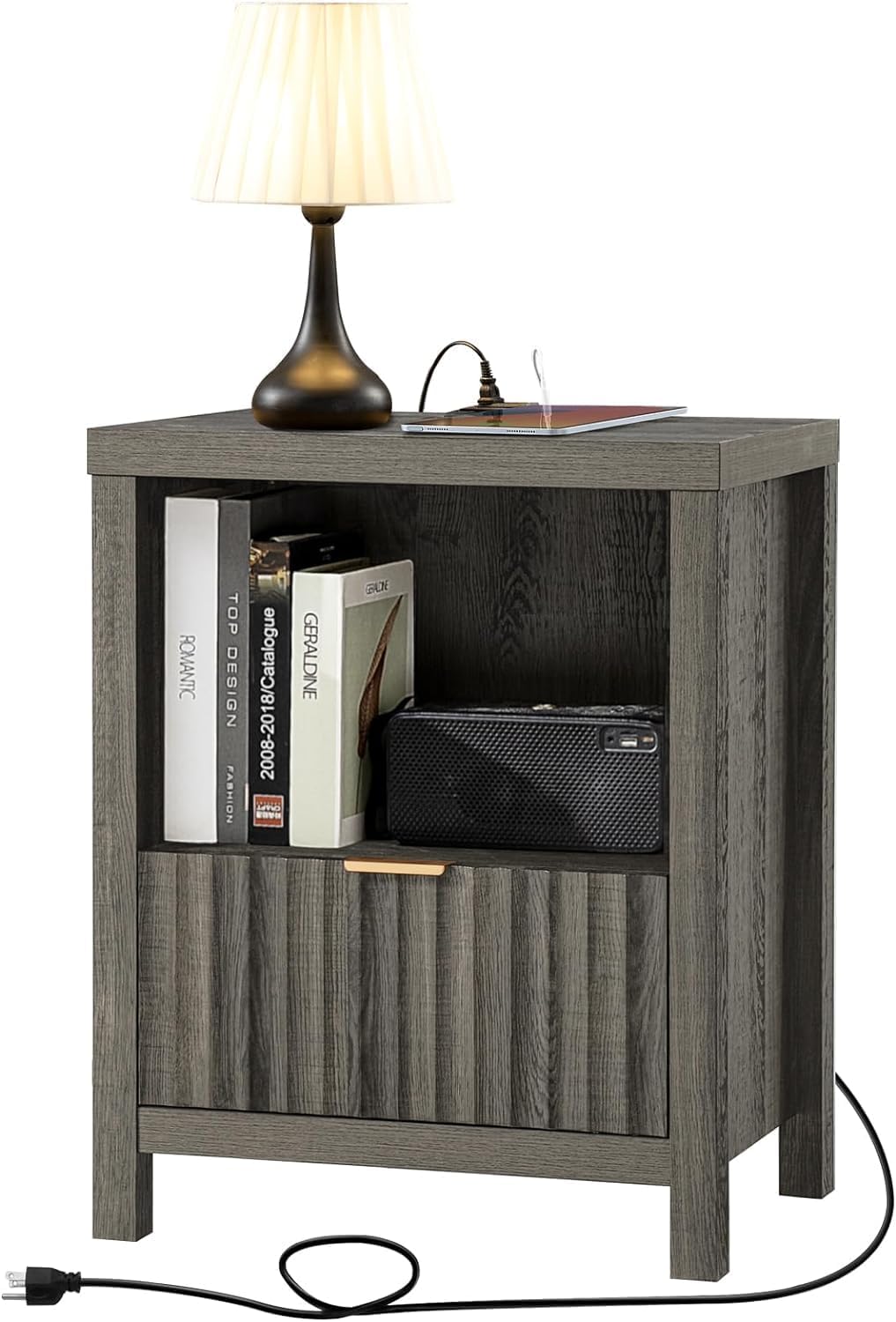 Wooden Fluted Single-Drawer Nightstand with Charging Station