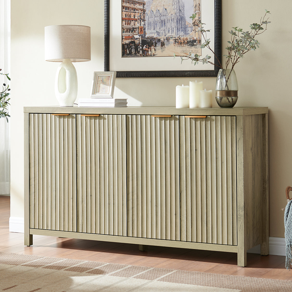 Wooden Fluted Storage Cabinet with 4 Doors