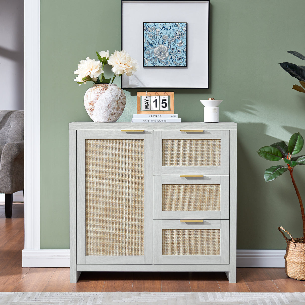 Rattan 3-Drawer 1-Door Storage Cabinet