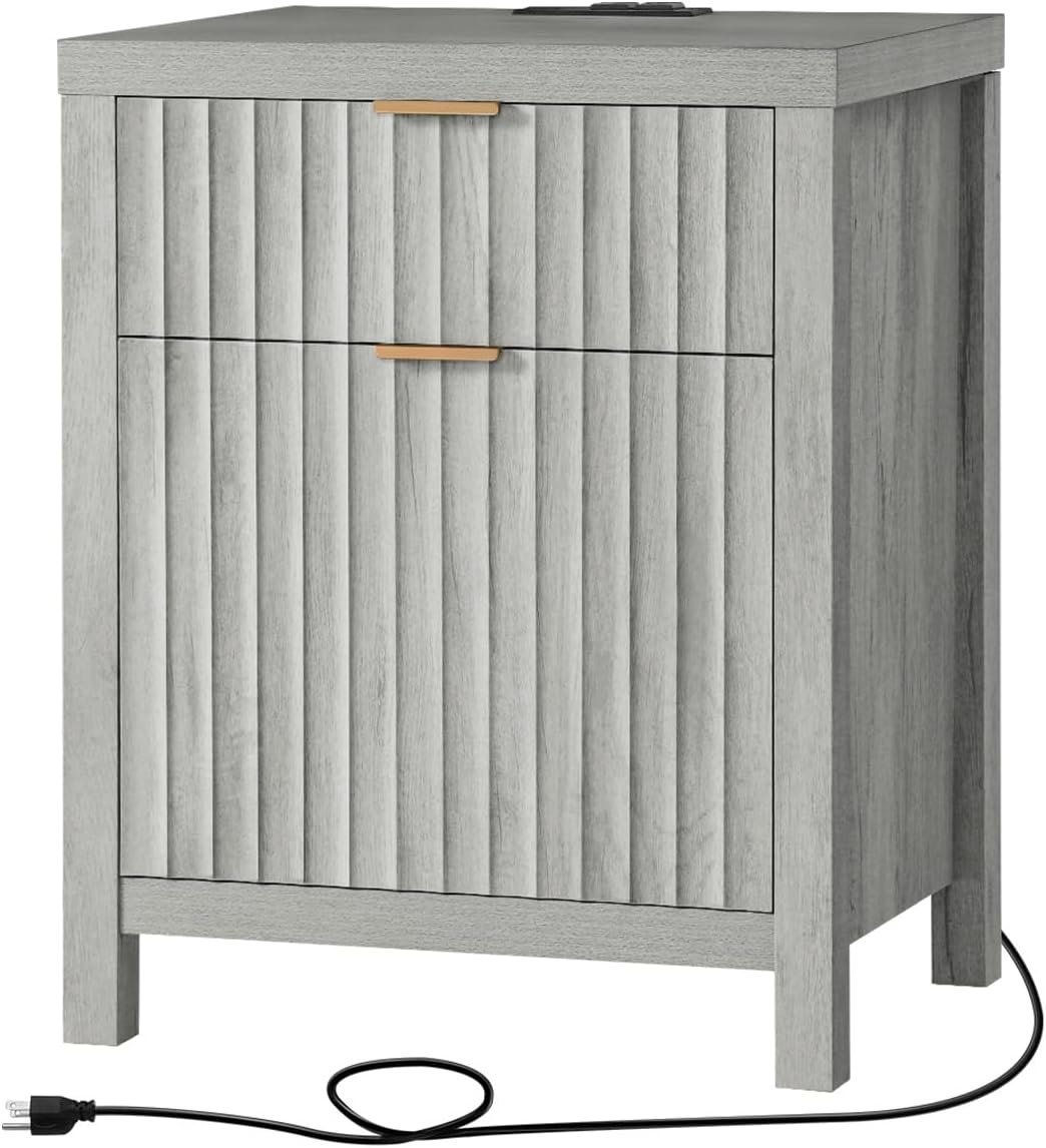 Wooden Fluted 2-Drawer Nightstand with Charging Station