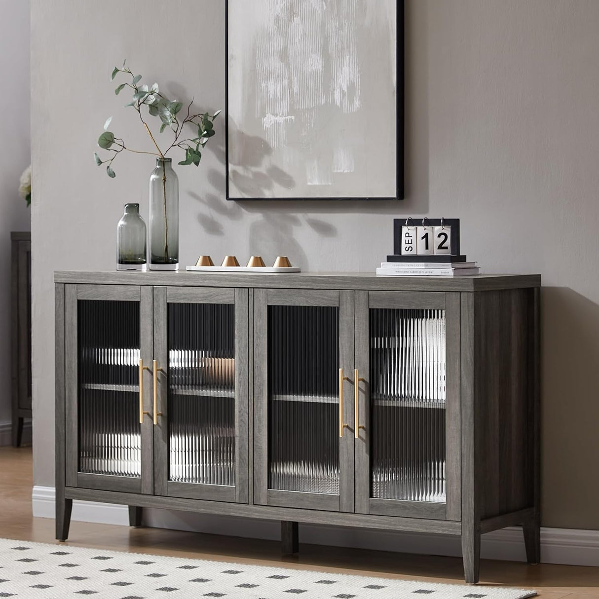 Fluted Glass Sideboard Buffet Cabinet，55" Storage Cabinet