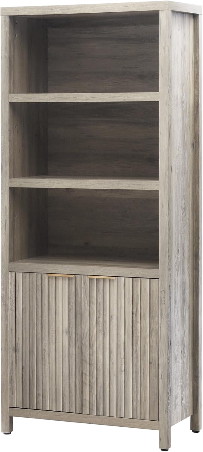 Wooden Fluted 5-Tier Tall Bookcase Cabinet with Doors