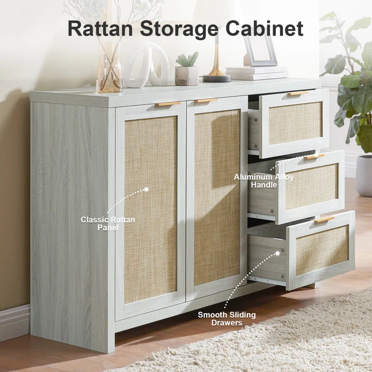 Rattan 3-Drawer 2-Door Storage Cabinet