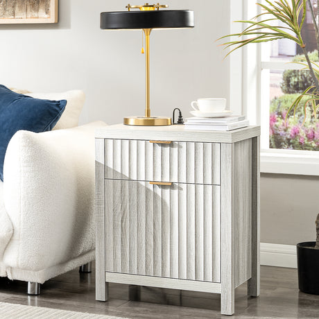 Wooden Fluted 2-Drawer Nightstand with Charging Station