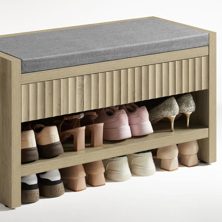 Wooden Fluted Shoe Storage Bench with 2 Drawers