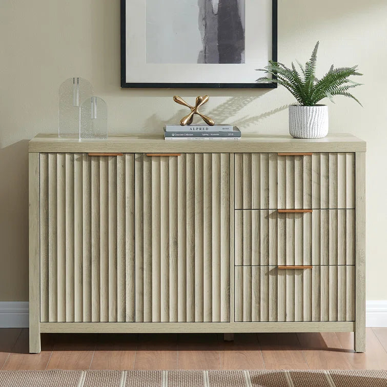 Wooden Fluted Storage Cabinet with Double Doors and 3 Drawers