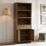 Rattan Double Doors Wooden 5-Tier Tall Bookcase Cabinet