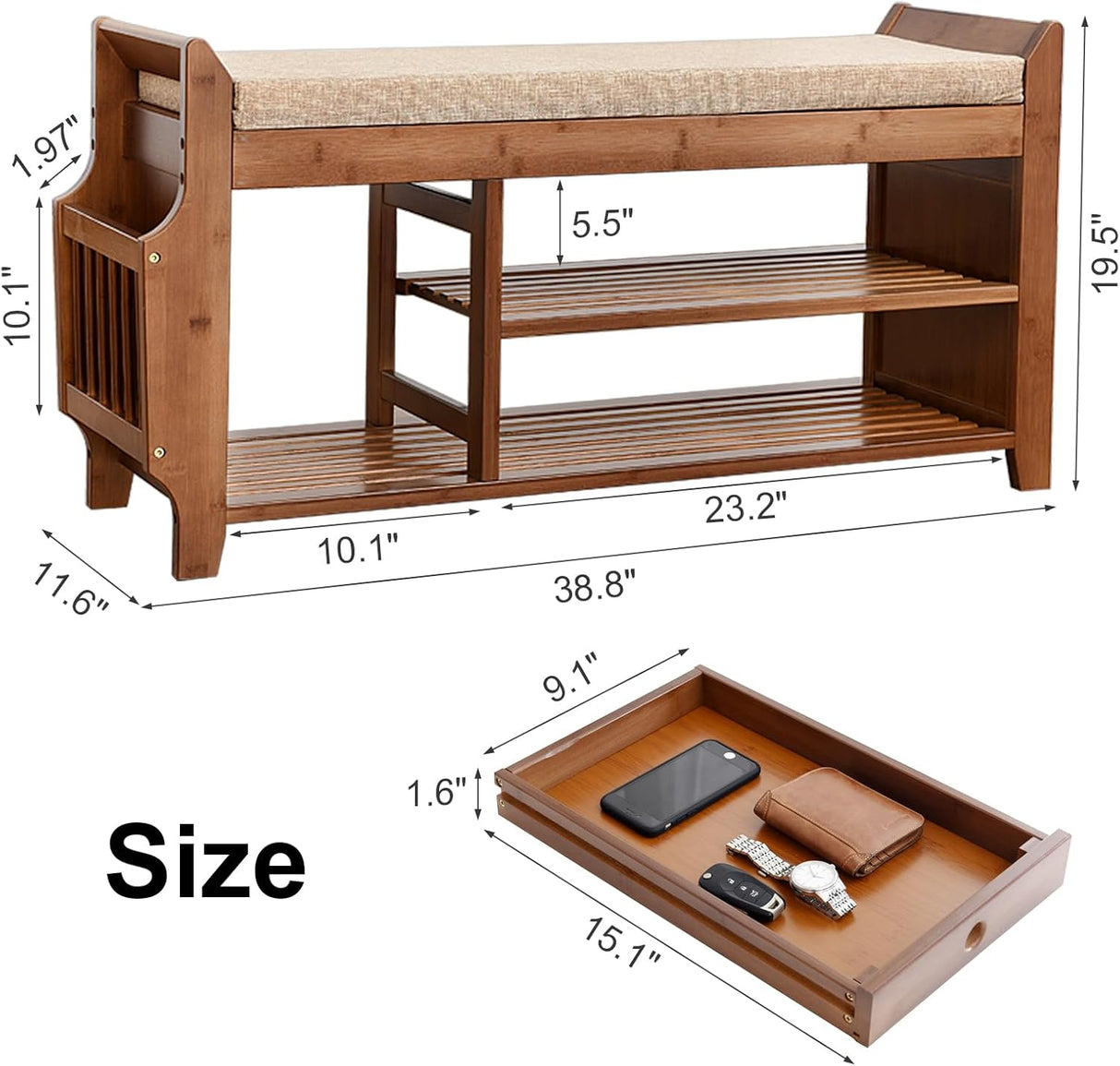 Bamboo Shoe Bench, Shoe Storage Bench with Hidden Drawer and Side Holder