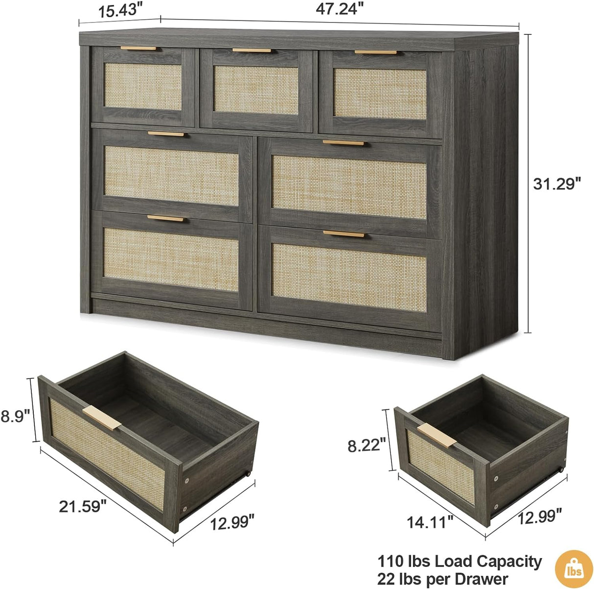 7 Drawer Dresser for Bedroom - Rattan dresser with metallic handles