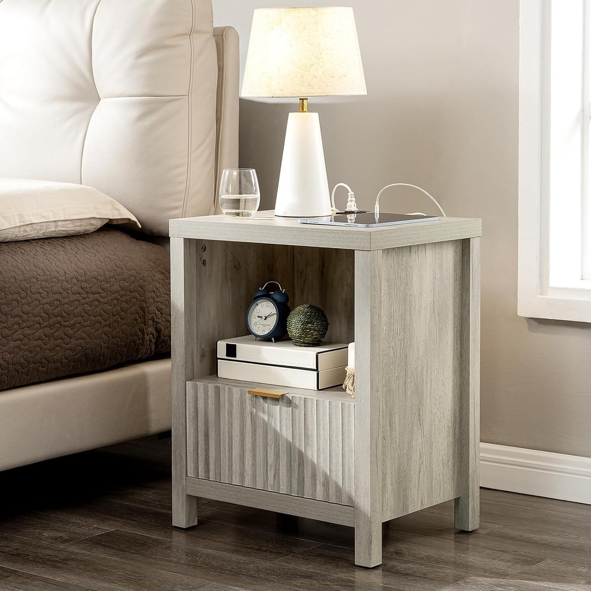 Wooden Fluted Single-Drawer Nightstand with Charging Station