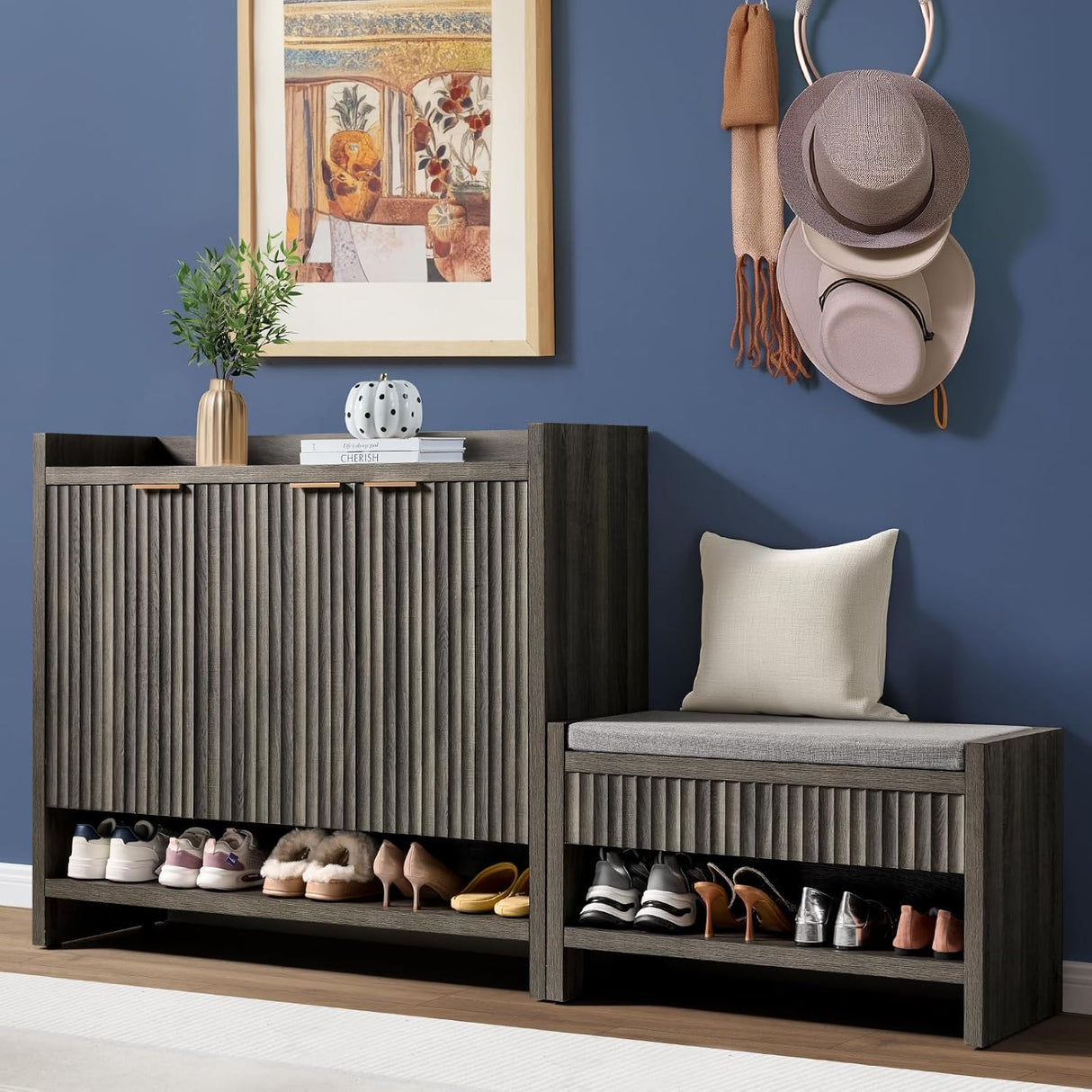 Wooden Fluted Shoe Storage Bench with 2 Drawers