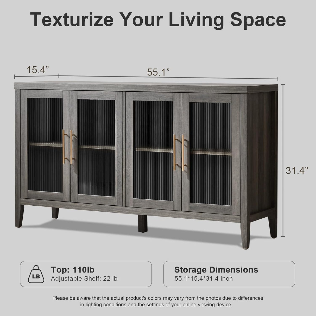 Fluted Reeded Glass Double Doors Wooden Kitchen Console Sideboard