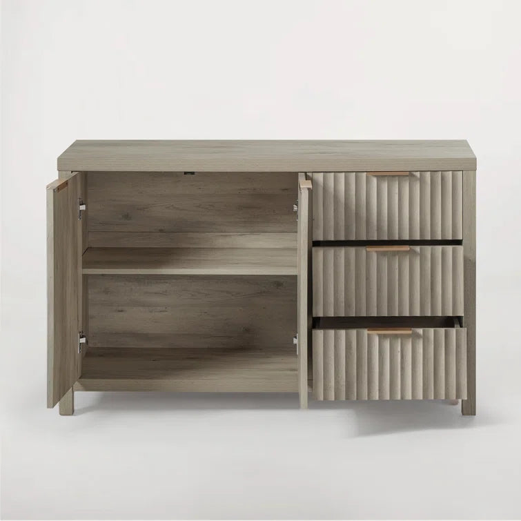 Wooden Fluted Storage Cabinet with Double Doors and 3 Drawers