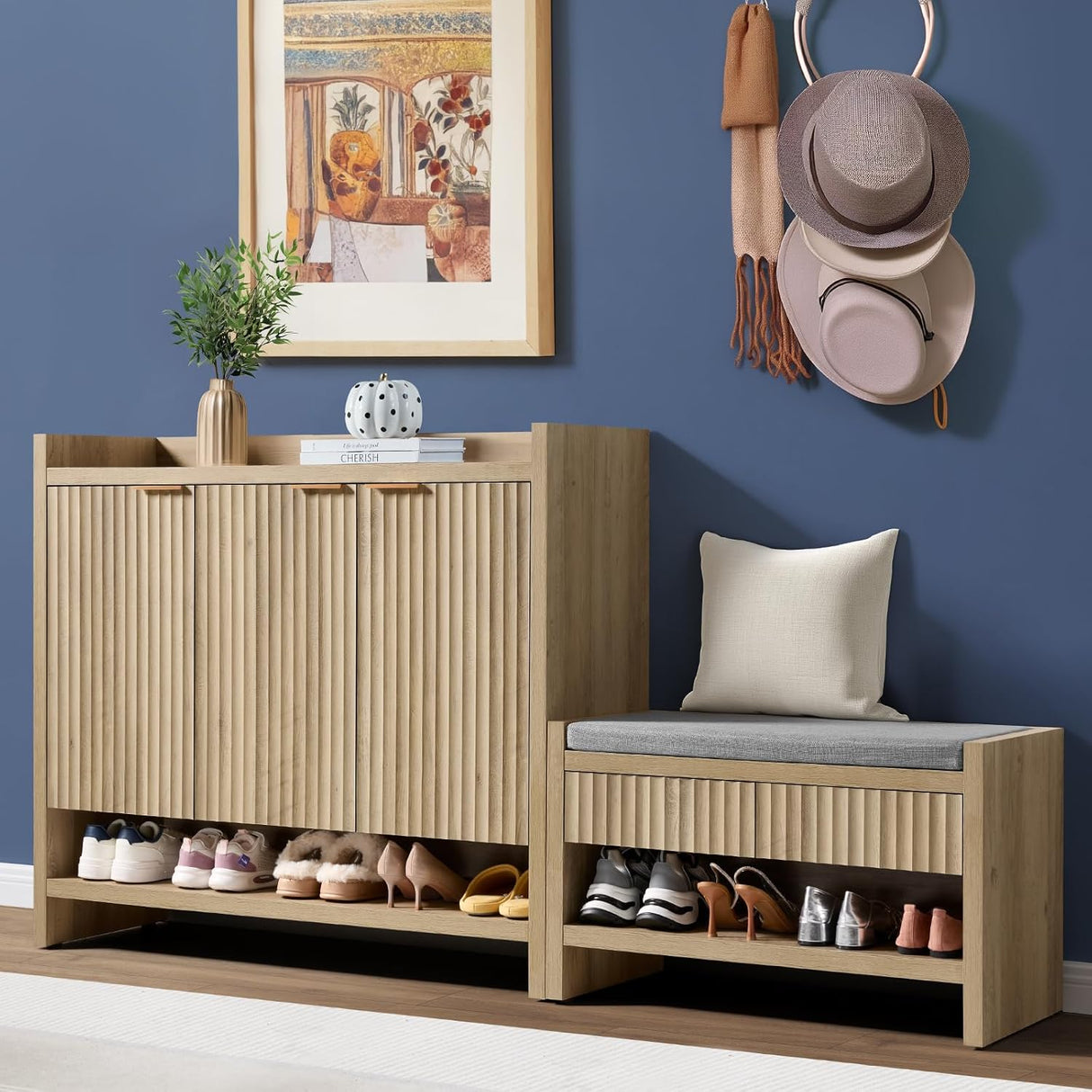 Wooden Fluted Shoe Storage Bench with 2 Drawers