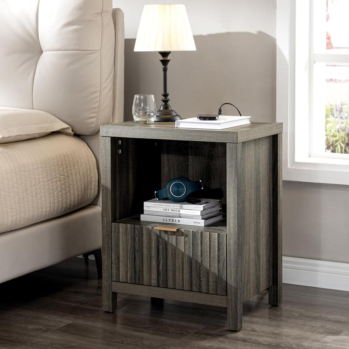 Wooden Fluted Single-Drawer Nightstand with Charging Station