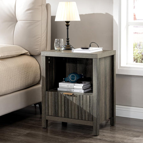 Wooden Fluted Single-Drawer Nightstand with Charging Station