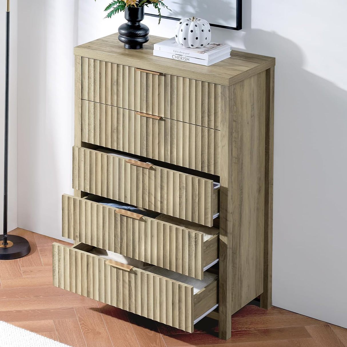 Wooden Fluted 5-Drawer Chest with Curved Silhouette Design