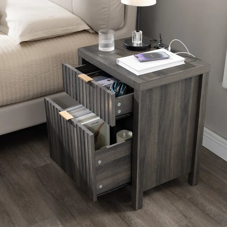 Wooden Fluted 2-Drawer Nightstand with Charging Station